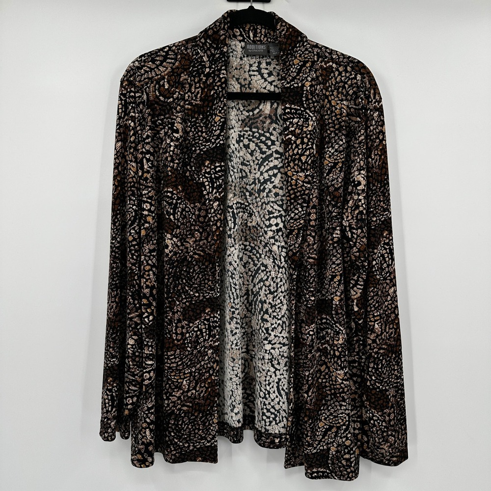 Chico's Additions Brown Abstract Animal Print Slinky Cardigan Size 2 Large Chic